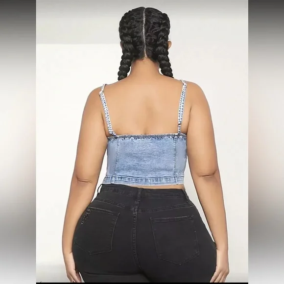 Women's Plus Size Denim corset Sleeveless Cami Crop Top - Picture 2 of 7